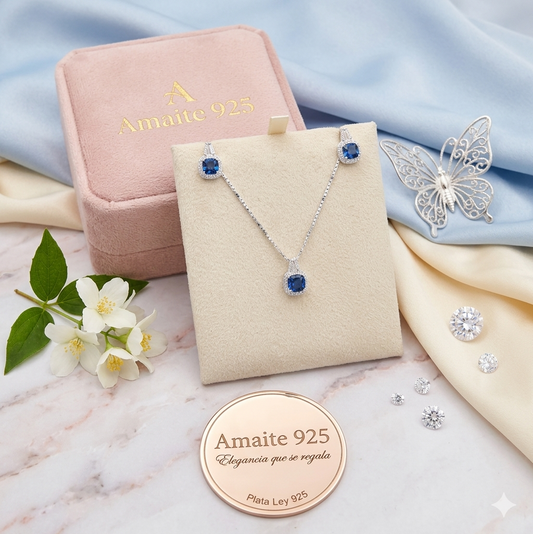 Set Plata 925 Piedra Azul Corte Elegante