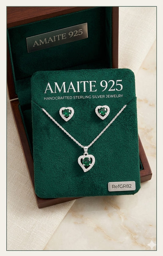 Set Corazón verde en Plata Italiana 925